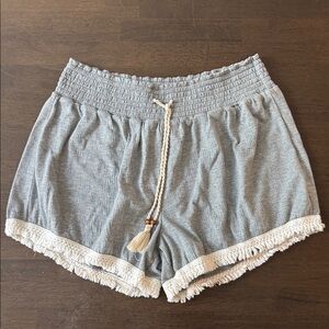 No Boundaries Gray High Waist Shorts with White Fringe